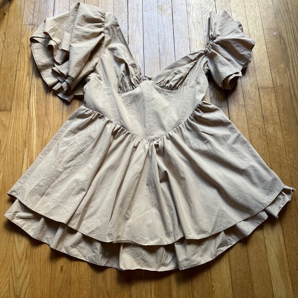 Asos Luxe Size 14 NEW Beige Cotton One Shoulder Dress w Corset Detail & Ruffles - Picture 13 of 16